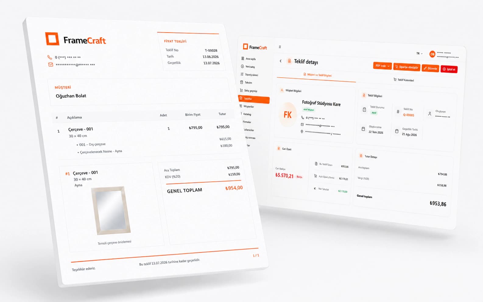 FrameCraft teklif PDF çıktısı: işletme logosu, kalem dökümü ve geçerlilik tarihi